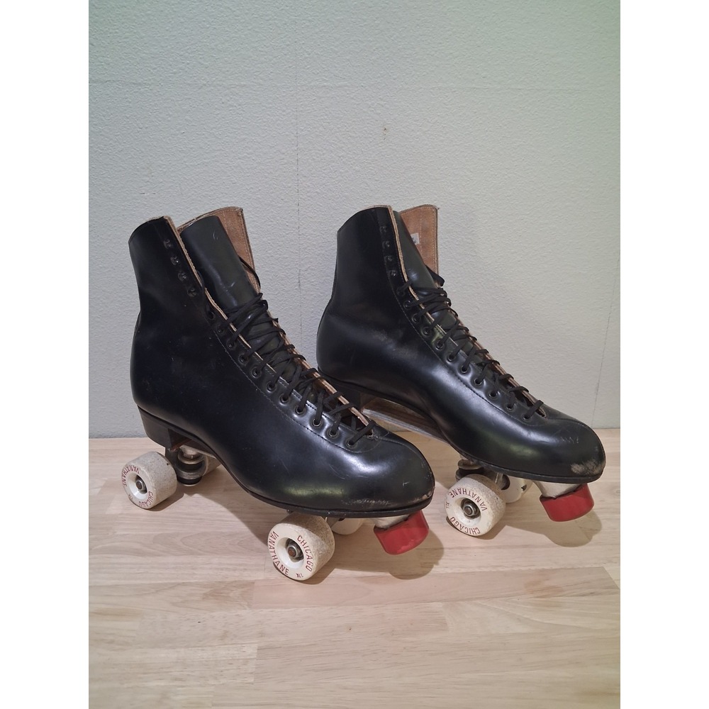 Vtg Riedell Leather Roller Skates Men's Size 15 Black Leather USA 60s RARE